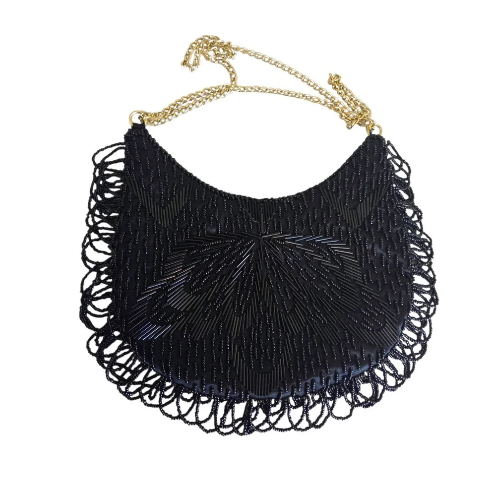 Black Beaded Vintage Purse Evening Bag Korea Double Chain Strap Lined‎ Tassels